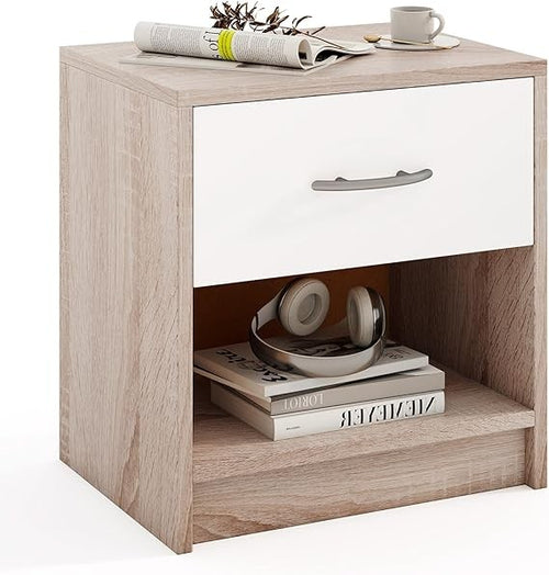 Modern Wooden Bedside Table with Drawer & Open Shelf, Small Nightstand
