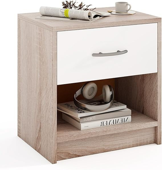 Modern Wooden Bedside Table with Drawer & Open Shelf, Small Nightstand