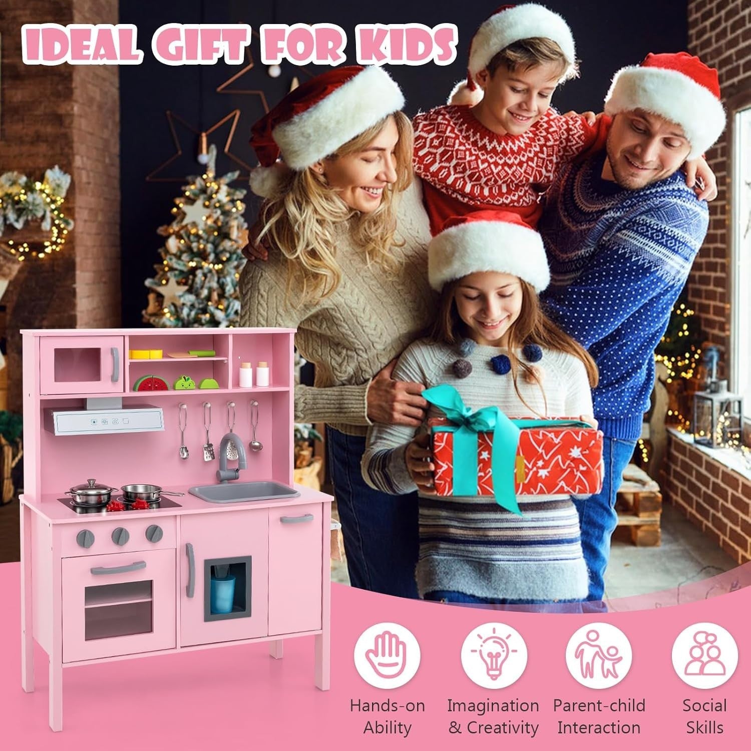 Wooden Kids Play Kitchen Pink Toy Set Microwave Oven Ice Maker Sound