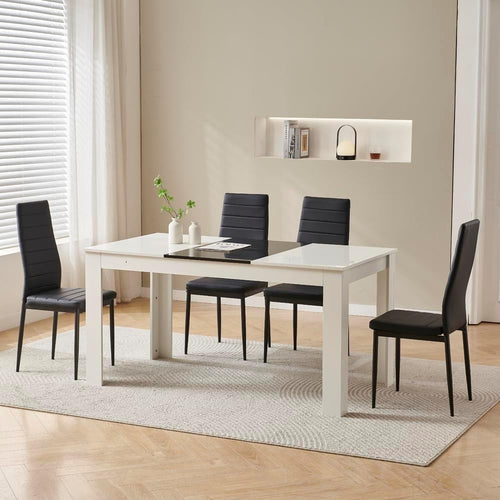 Modern White Dining Table Set + 4 Black Chairs | Small Space Kitchen Set