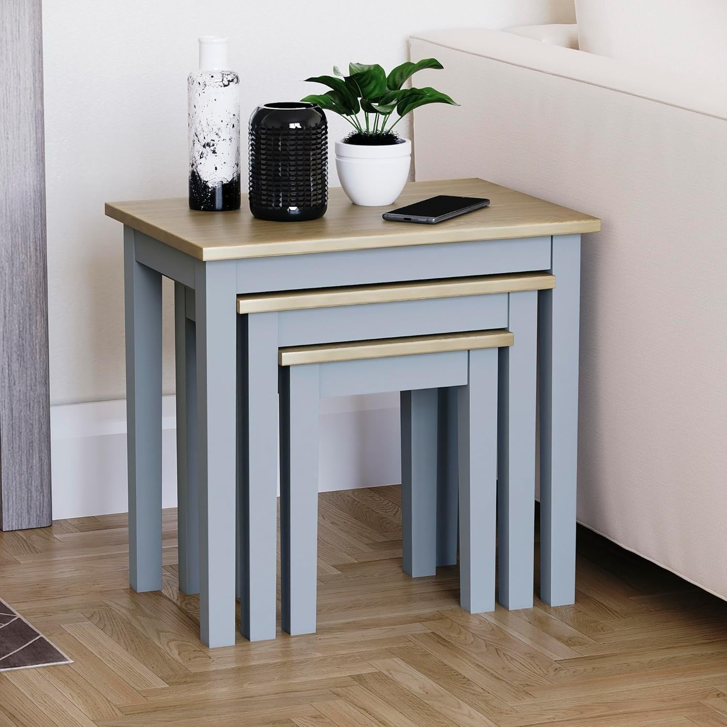 Nest of 3 Modern Coffee Side Tables Oak Grey Wood End Living Room Furniture