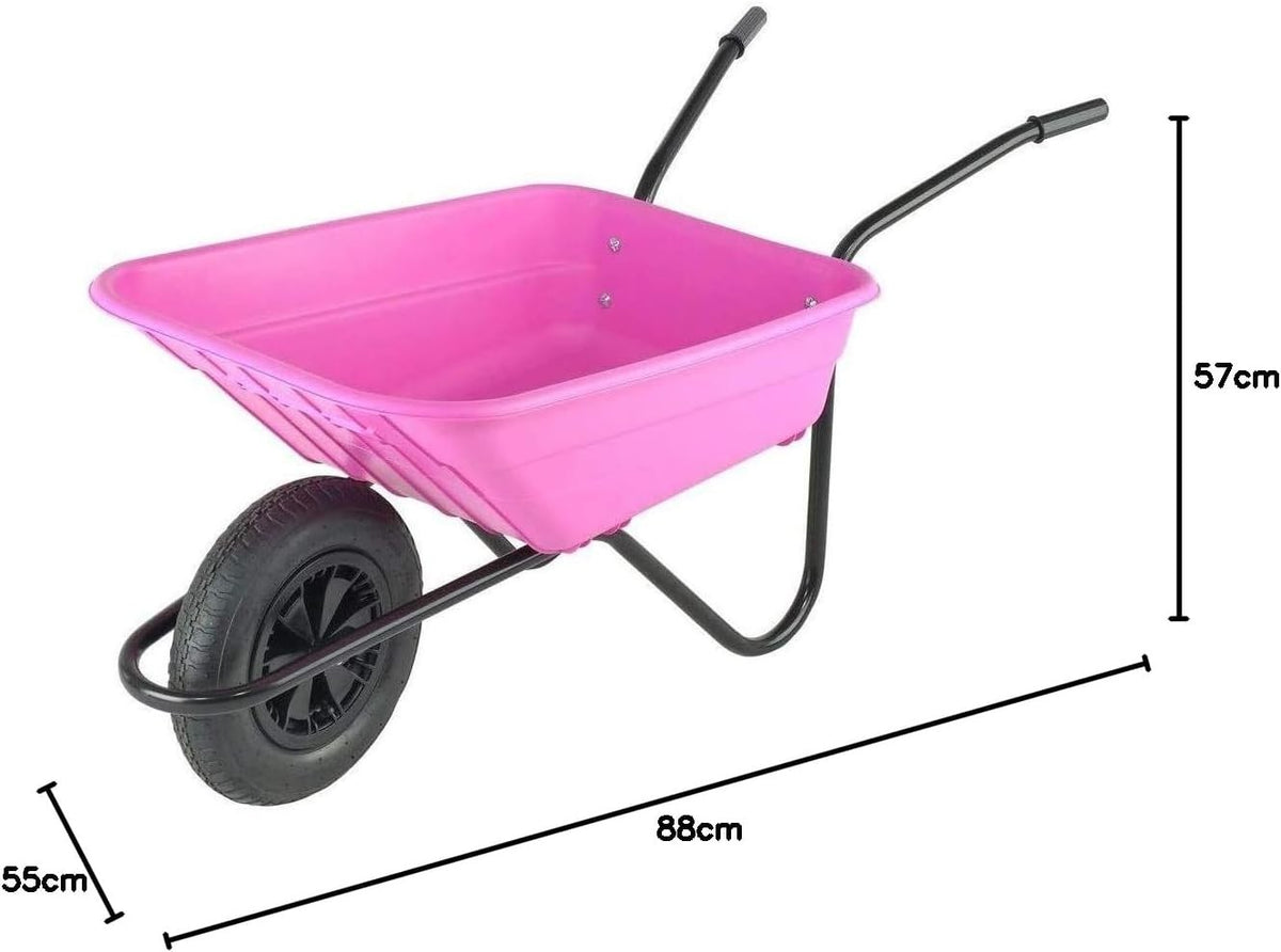 90L Pink Wheelbarrow – Plastic Tray Steel Frame Pneumatic Tyre Lightweight 125kg
