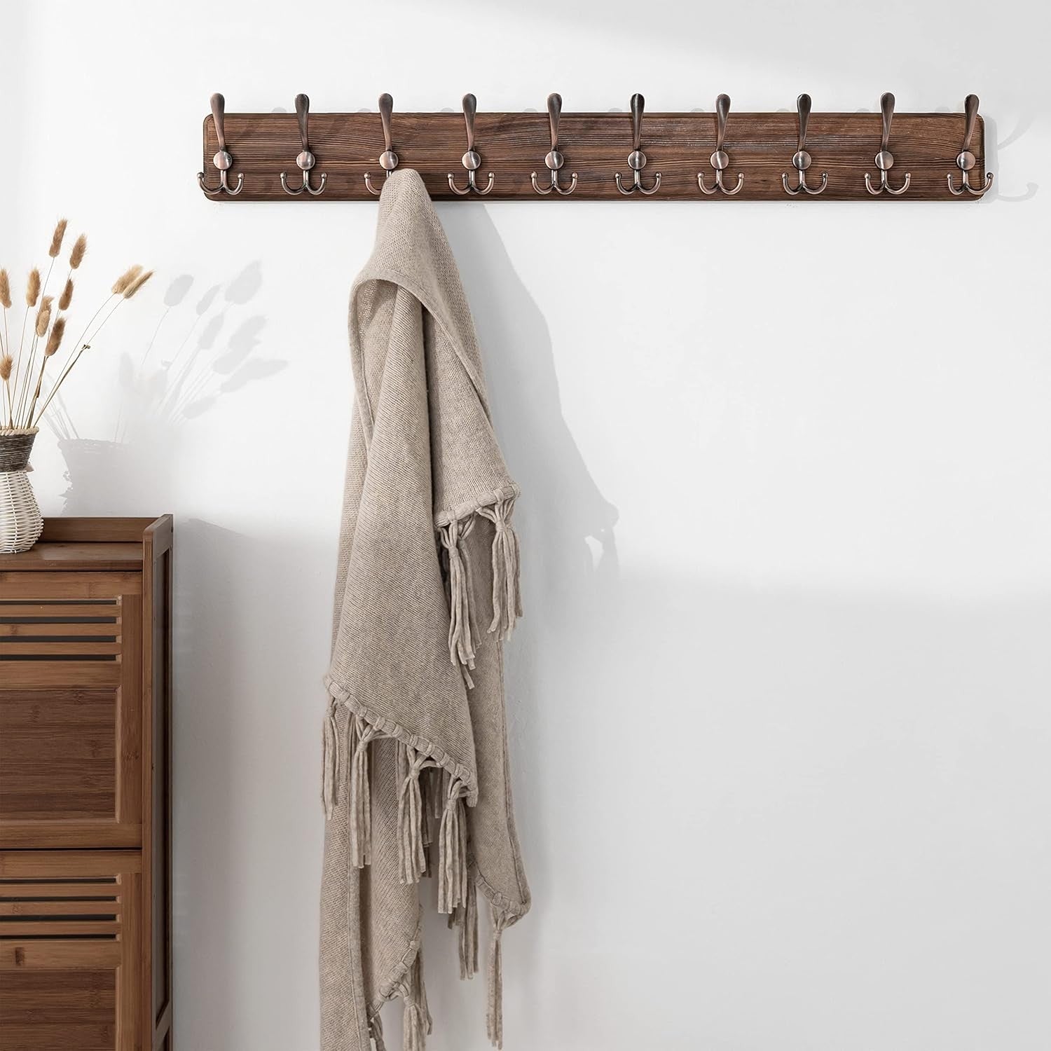 Set of 2 Brown Wooden Wall Coat Racks | Heavy Duty 10 Hook Rustic Farmhouse Orga