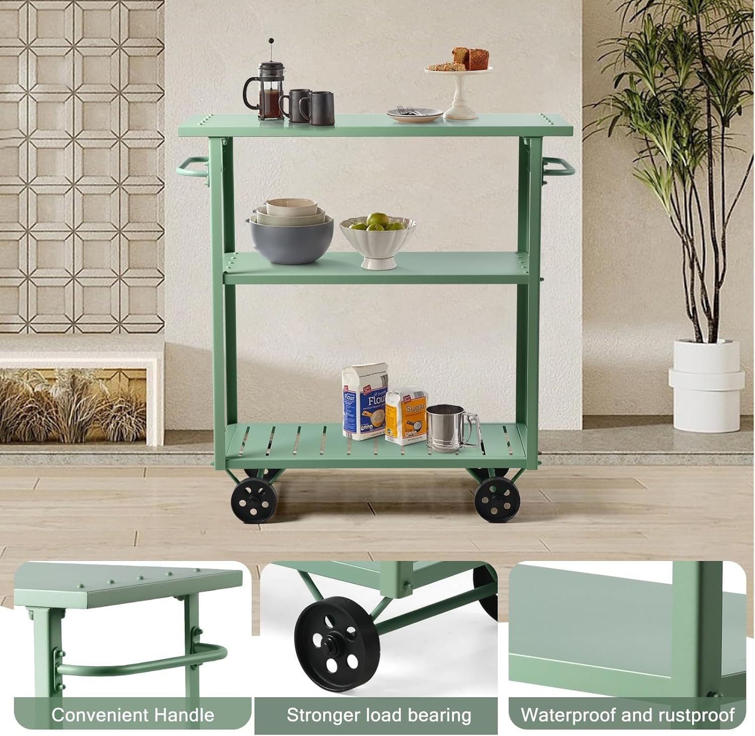 Industrial Bar Cart on Wheels 3 Tier Metal Serving Trolley Handle