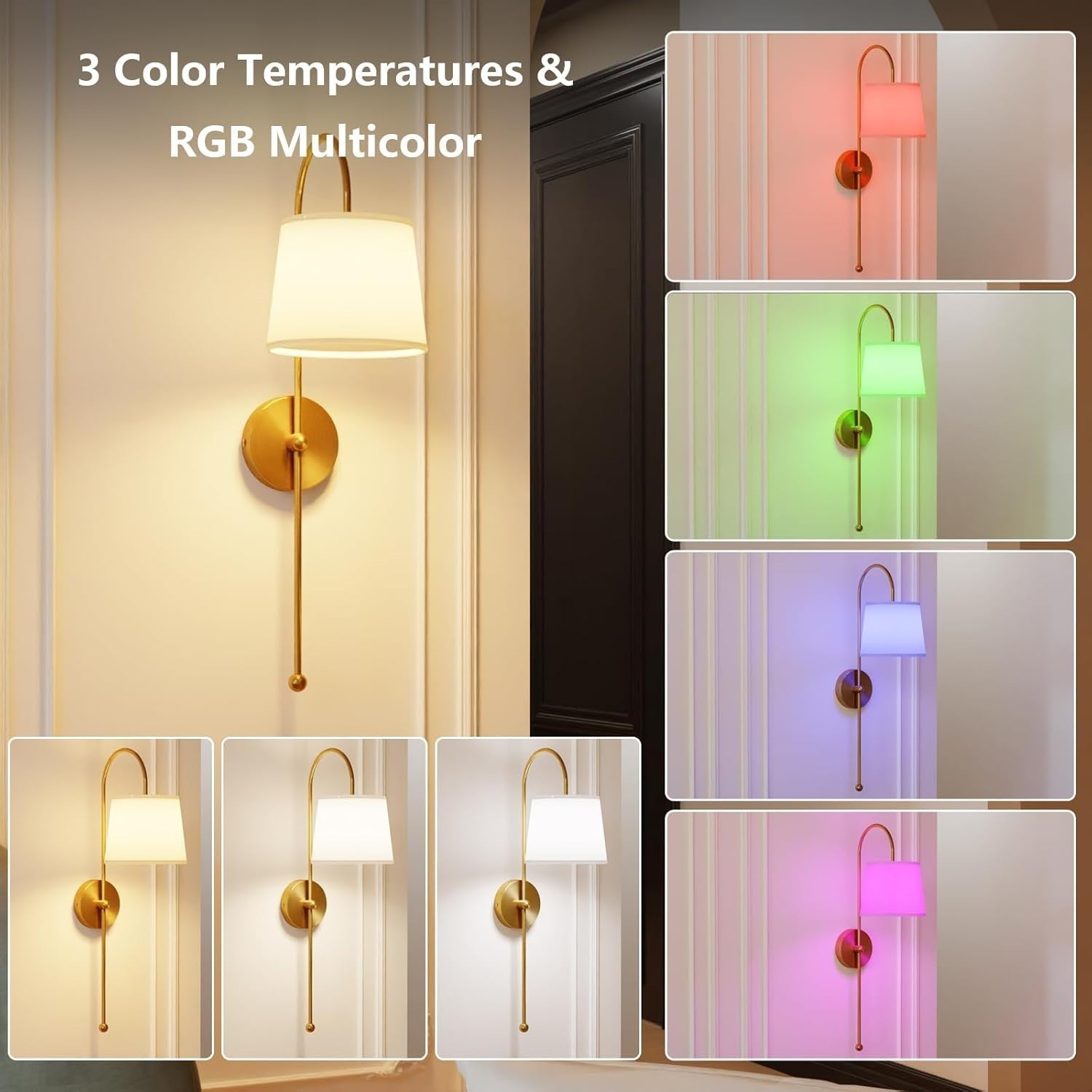 Wireless Wall Sconces Rechargeable LED Remote Gold Light 18 Colors Dimmable