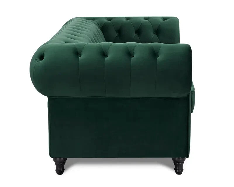 Green Velvet Chesterfield Sofa 2 Seater Tufted Scroll Arm Wood Legs UK