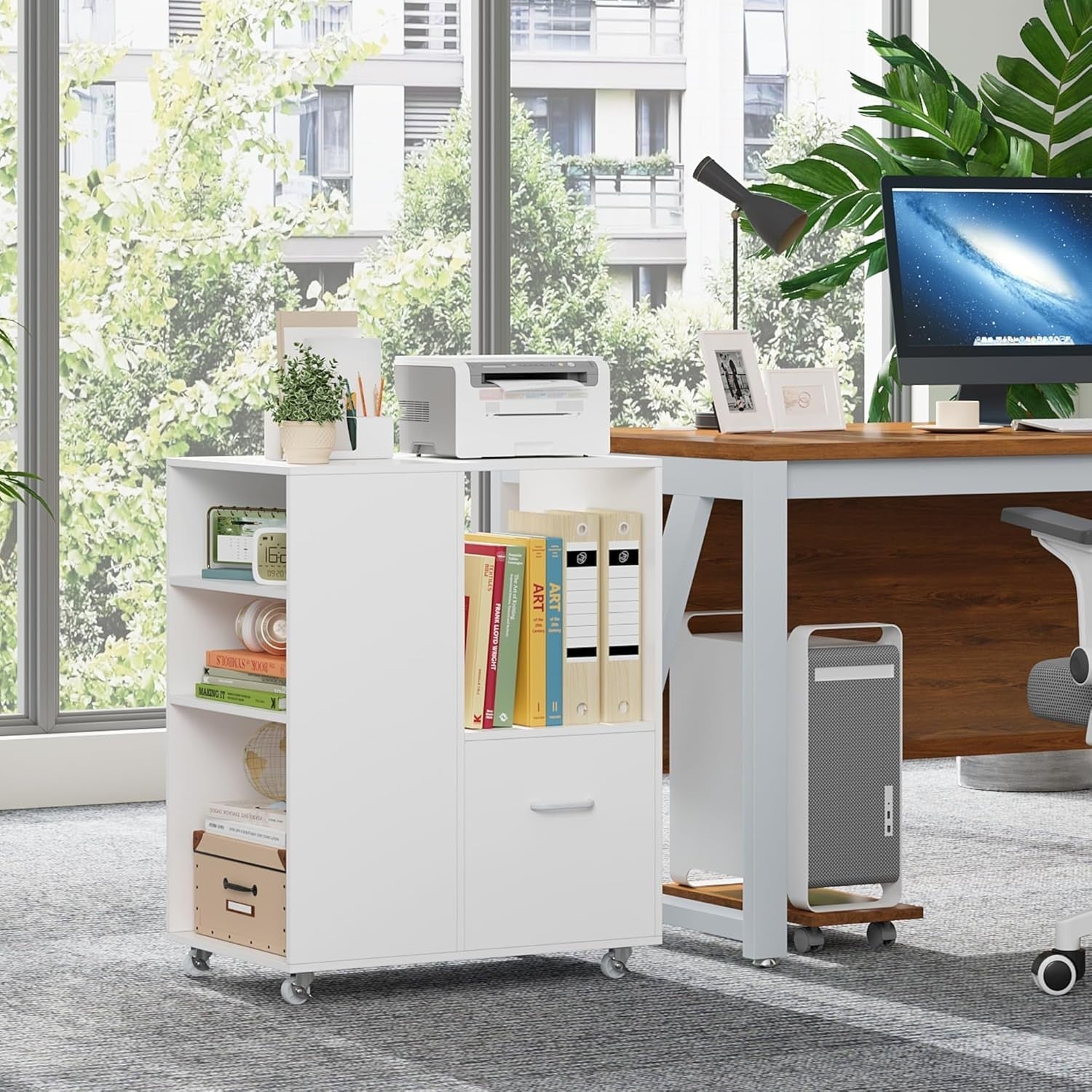 White Mobile File Cabinet 75cm Under Desk Storage with Shelves