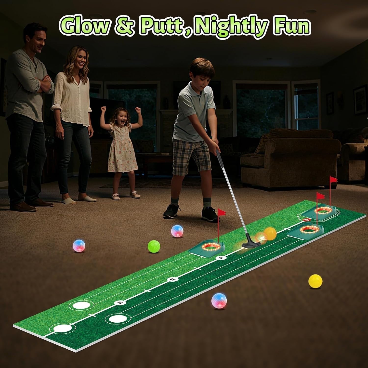 Kids Golf Putting Set Light Up Mat Indoor Outdoor Golf Game w Balls