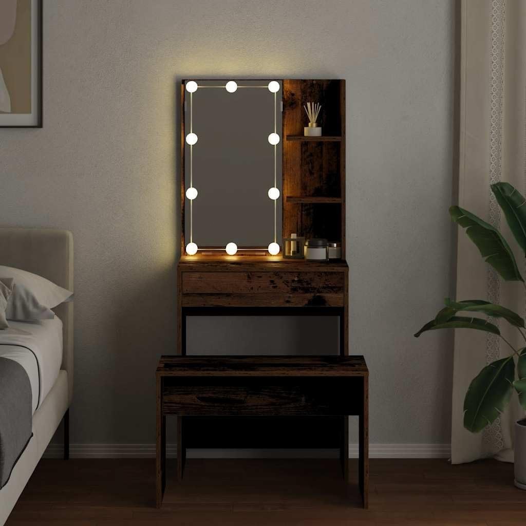 LED Vanity Set Dressing Table Mirror Stool Old Wood Makeup Desk Storage Drawers