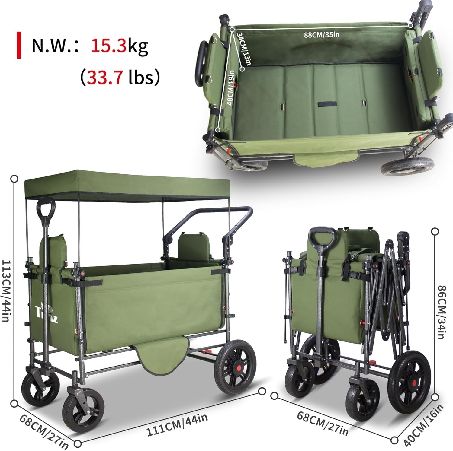 Side-Opening Folding Wagon 120kg Load w/ 2 Seats Canopy Big Wheels Brake Green
