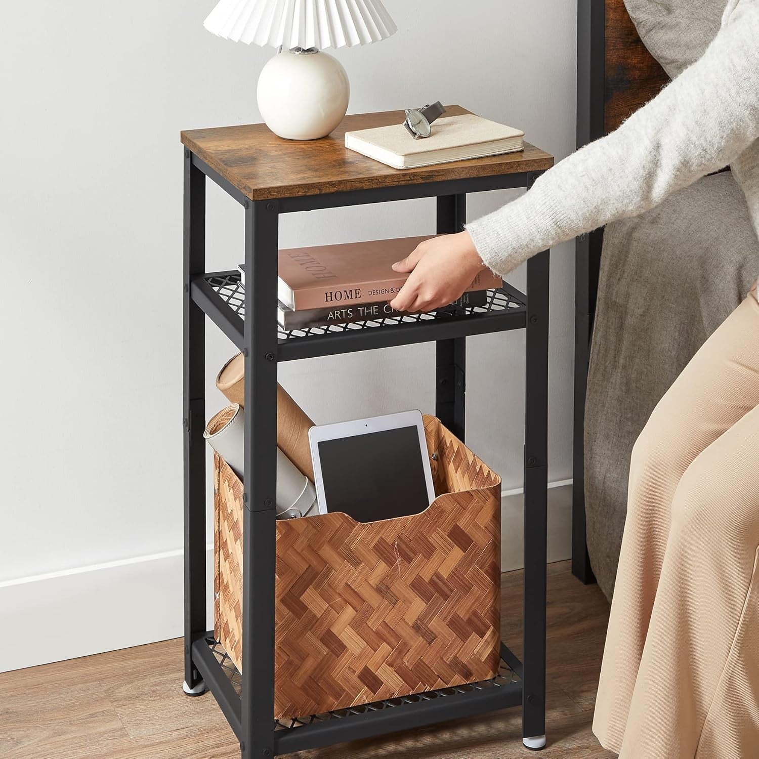 Tall Rustic Side Table with 2 Mesh Shelves, Industrial Bedside or Sofa End Stand