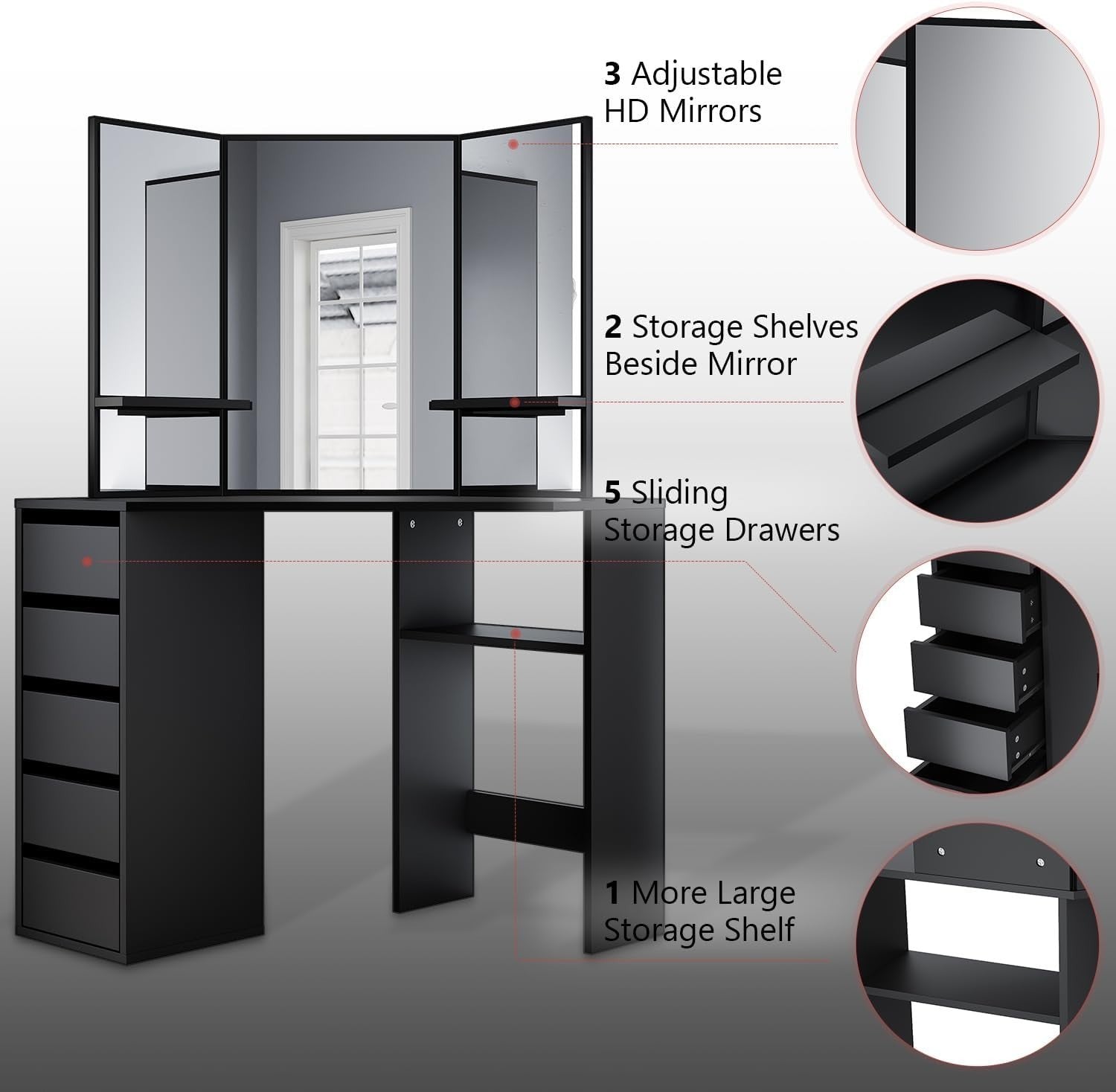 Corner Makeup Vanity Table Desk Black 5 Drawer 3-Angle Mirror Small Space