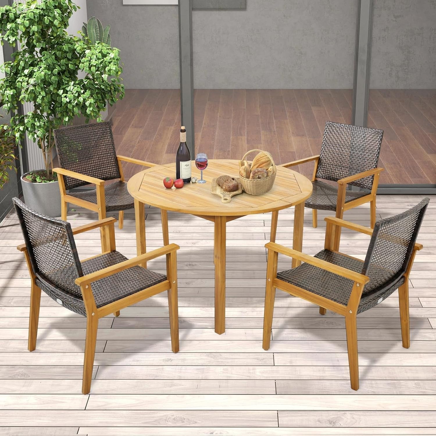 4x Garden Dining Chairs Acacia Wood Rattan Armchairs Outdoor Patio Set