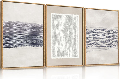 Blue White Abstract Framed Canvas Wall Art Set 3 Modern Minimal Prints