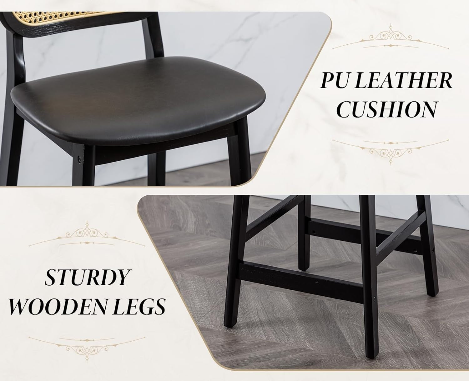 Ergonomic PU Leather Bar Stools with Rattan Backrest & Solid Wood Frame