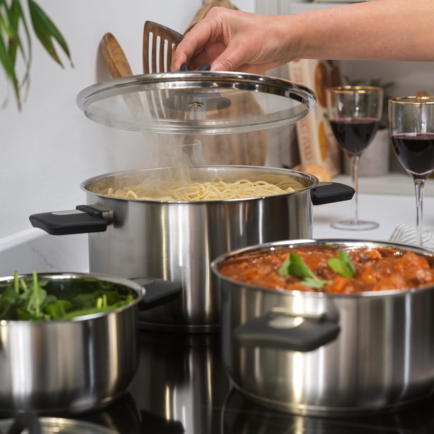 3pcs Stainless Steel Stockpot Set – 16 20 & 24 cm Induction Pans with Glass Lids