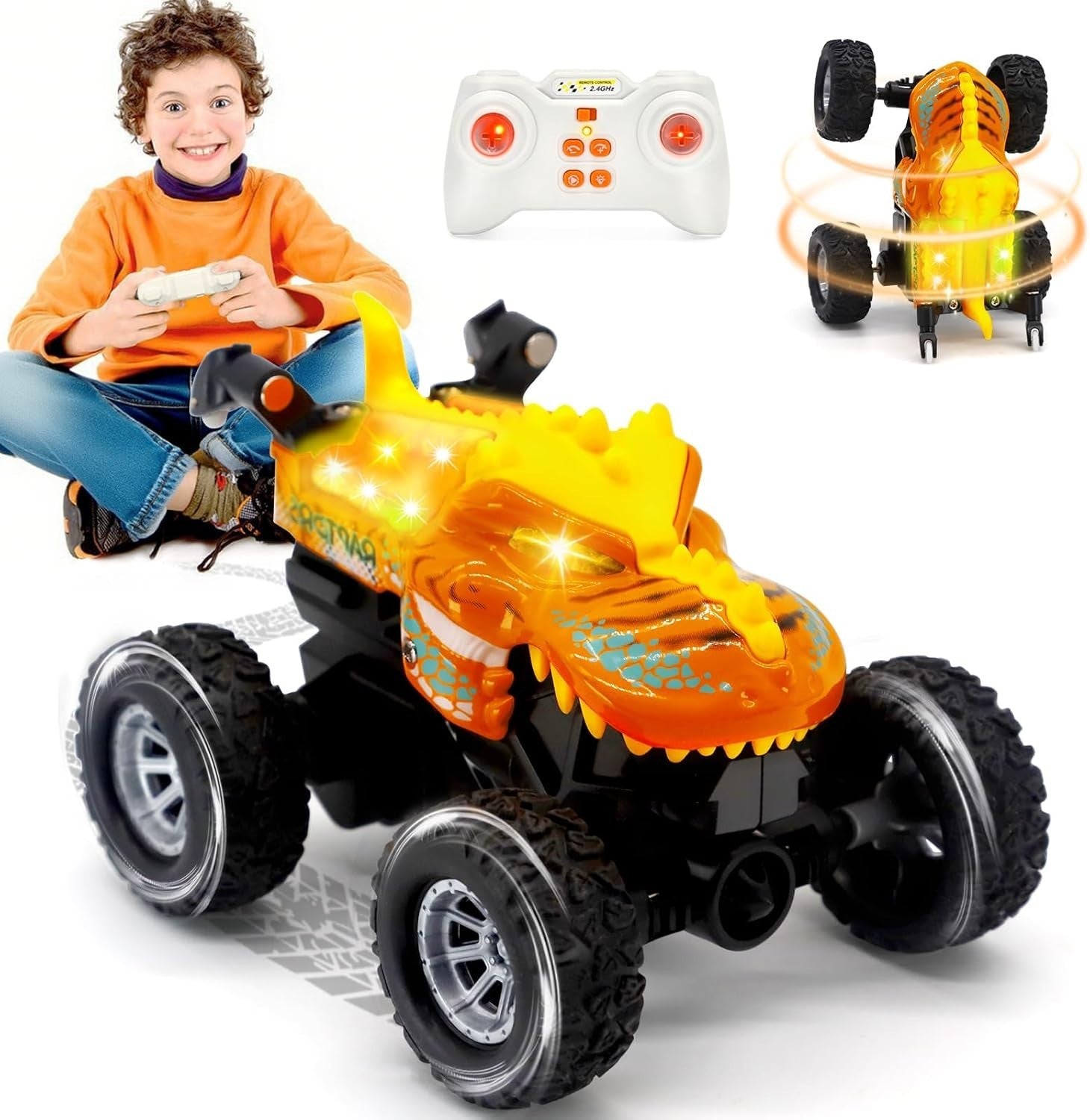 RC Car with LED Eyes – 2.4GHz Rechargeable Stunt Toy for Kids 6–12 (Orange)