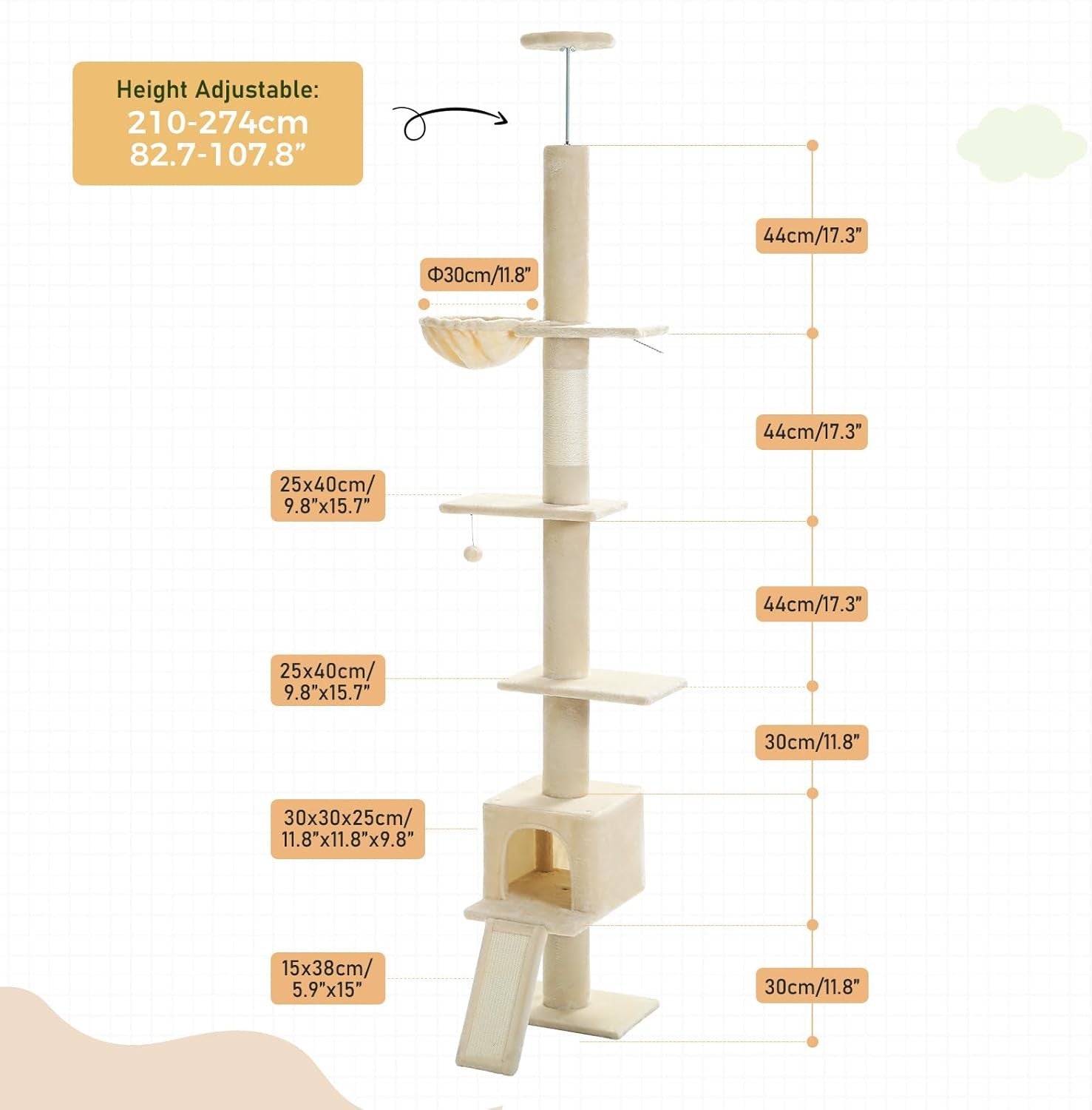 Floor to Ceiling Cat Tree Adjustable 216–273cm Tower Condo Scratching