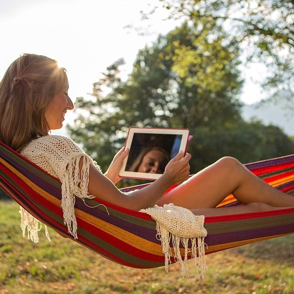Outdoor Camping Hammock 2 Person Portable Canvas Soft Swing with Carry Bag