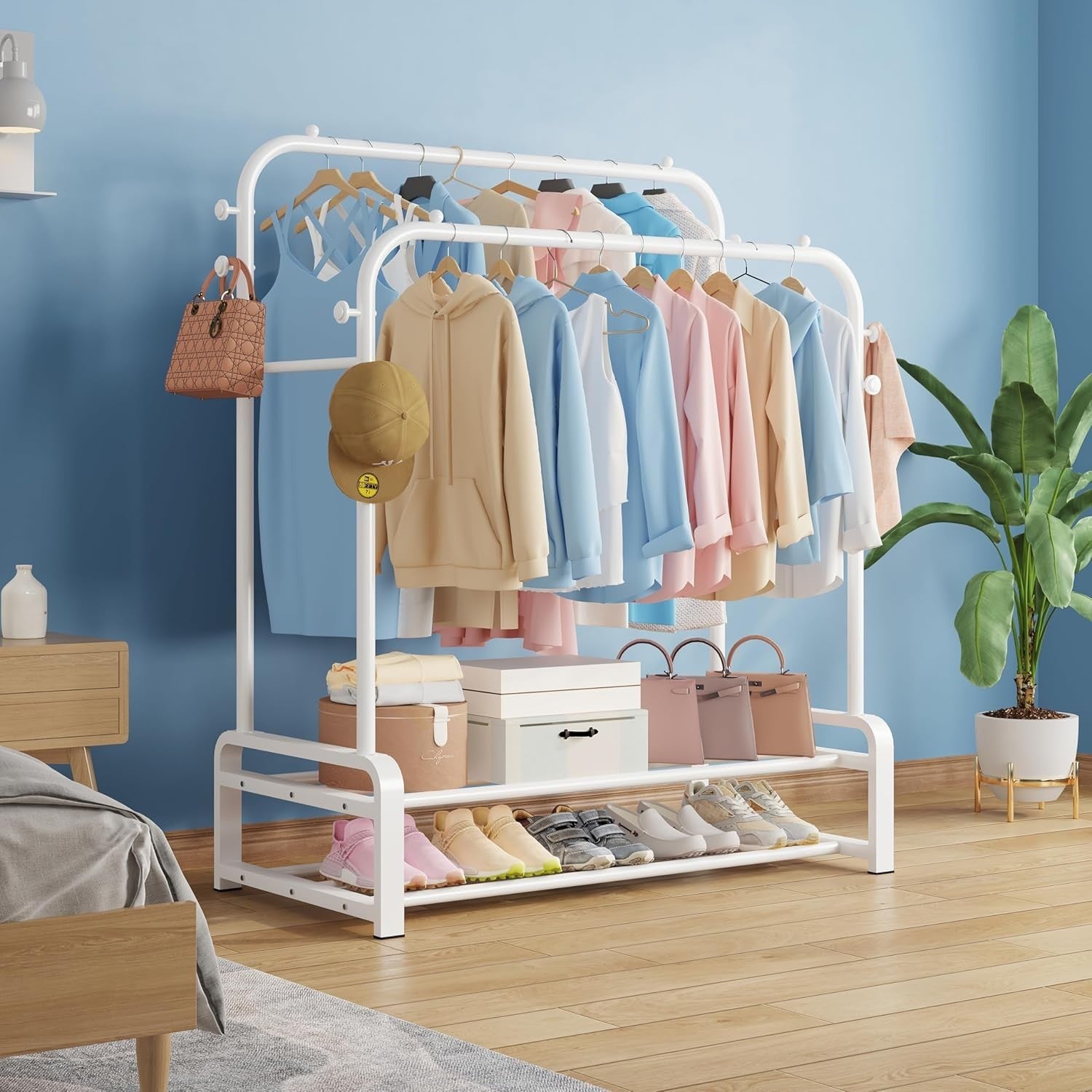 Heavy Duty Double Rail Clothes Rack with Shoe Shelves – White