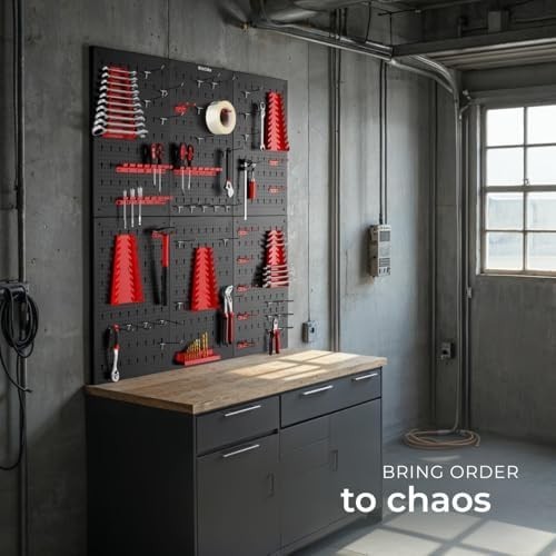Wall-Mount Pegboard Kit 6PCS Alloy Steel Black/Red w/ Hooks & Holders 120x60cm