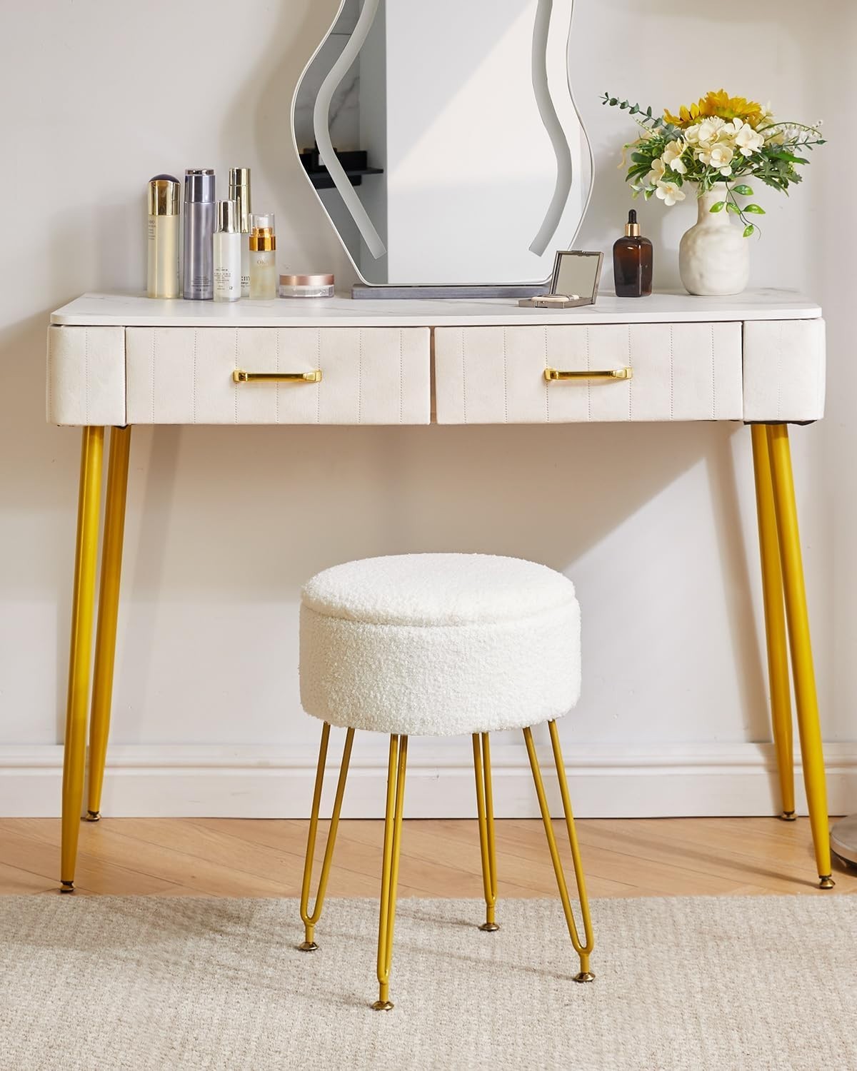 White Teddy Velvet Storage Footrest Stool – Vanity Seat w/ Golden Steel Legs