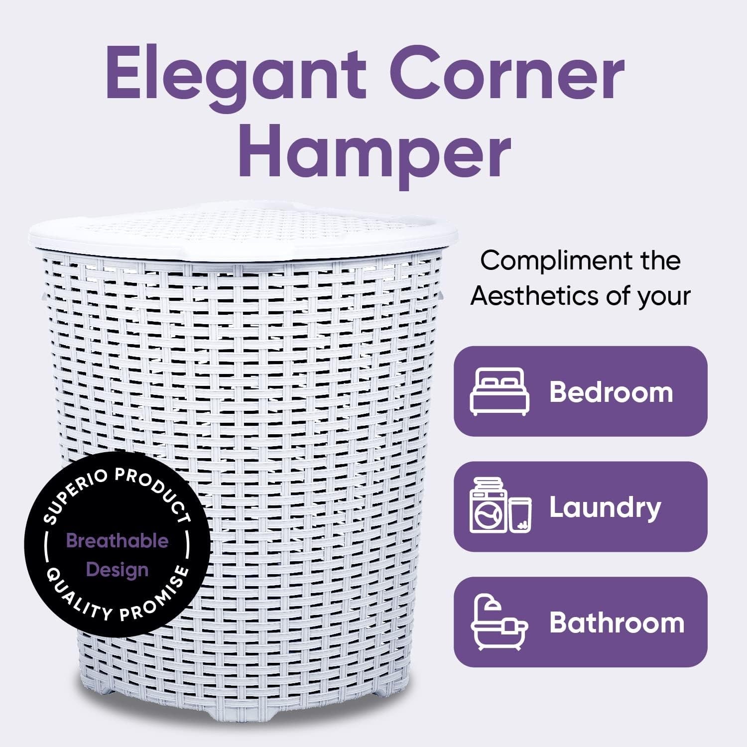 2 Pack Corner Laundry Hampers 50L White Wicker Baskets w/ Lids Space Saving