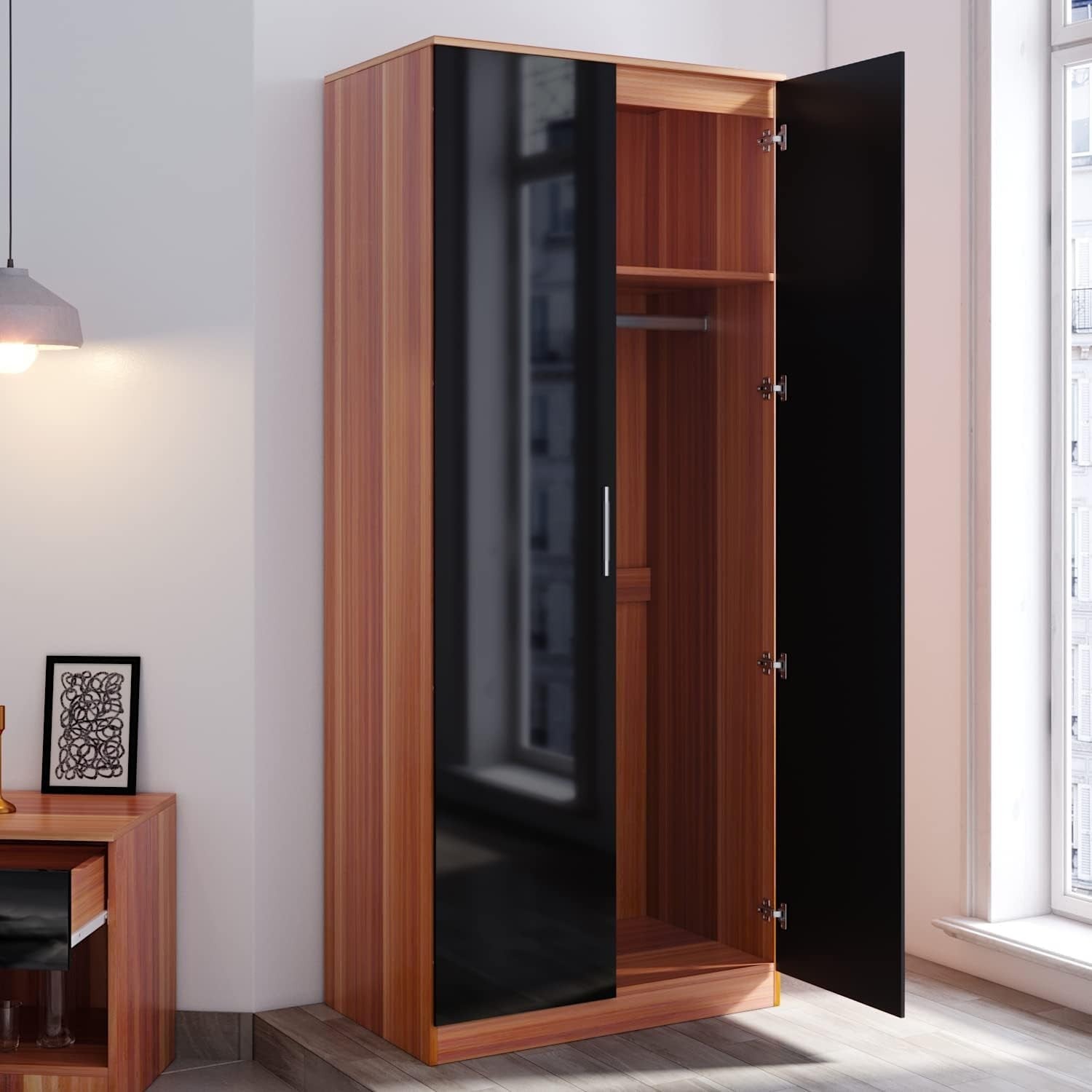 High Gloss 2 Door Wardrobe with Hanging Rail & Removable Shelves Bedroom