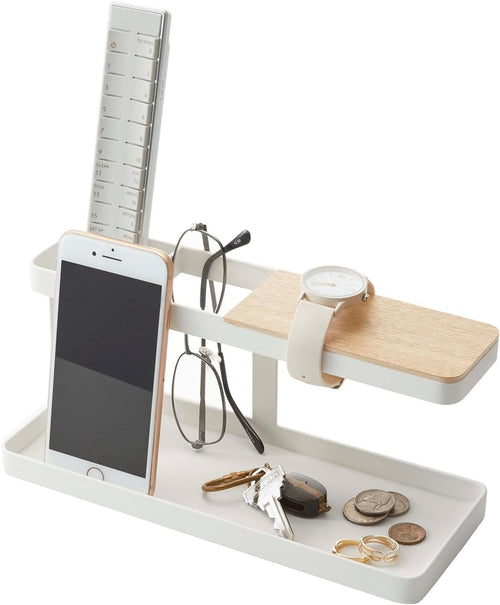 Minimalist Tower Desk Organizer with 4 Compartments – White Wood/Steel