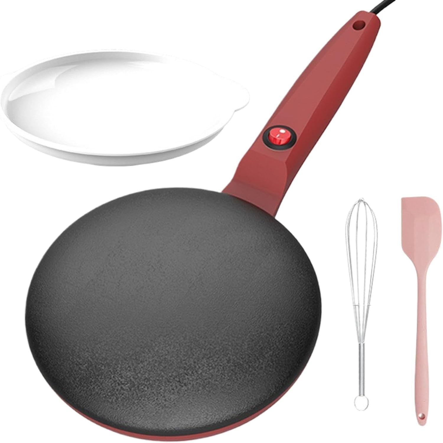 8" Electric Crepe Maker Non-Stick Pancake Pan Long Handle Auto Temp Control Red