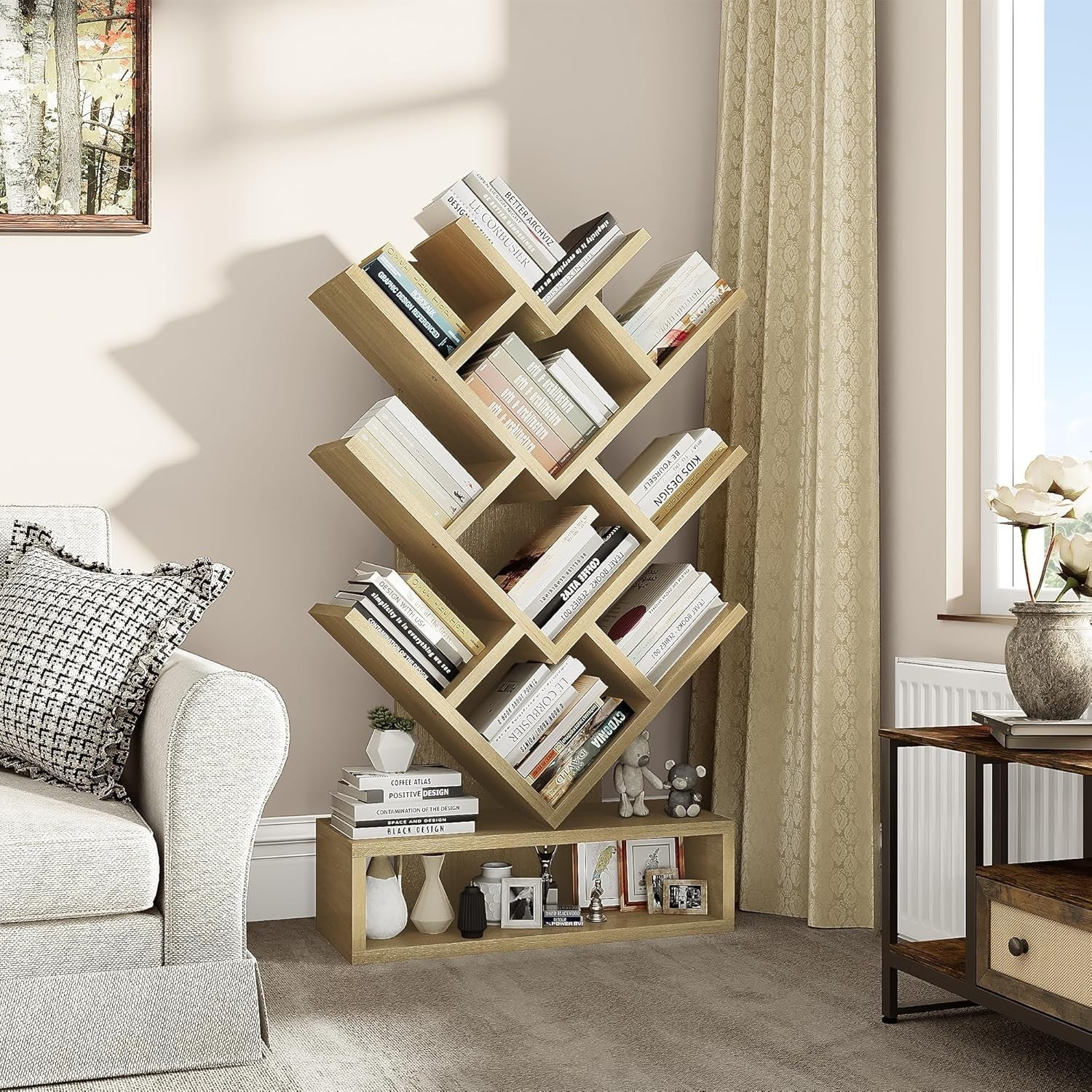 Tree Bookshelf with Drawer 5 Tier Oak  Wooden Bookcase Storage Rack