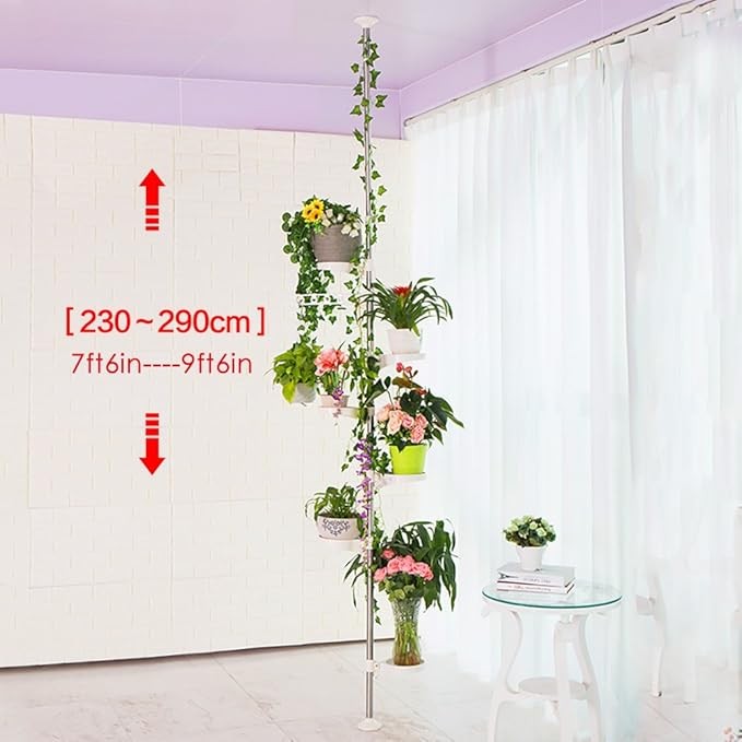 Adjustable Tension Pole Plant Stand 6 Tier Indoor Hanging Rack with Trays Ivory