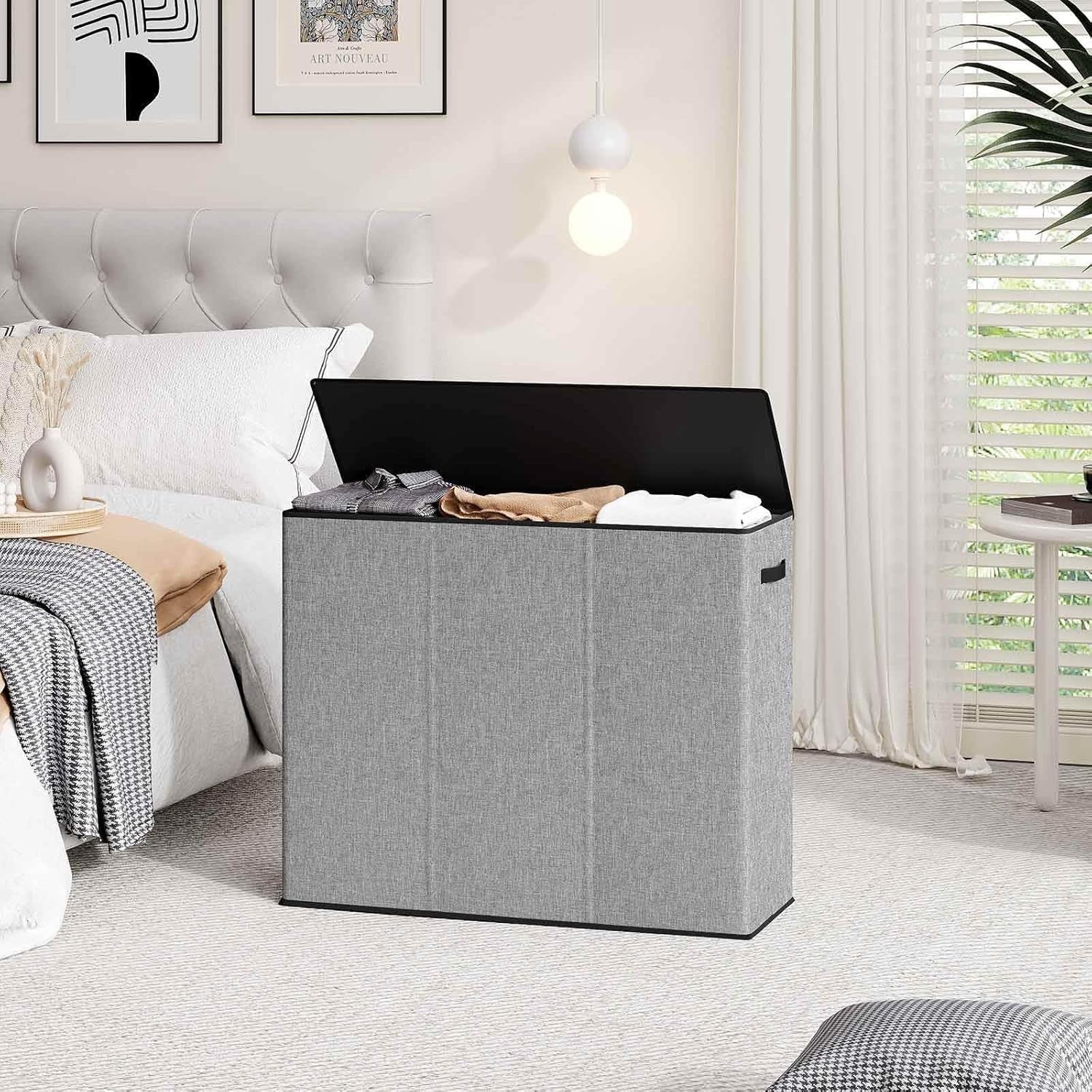 180L Large Laundry Hamper with Lid | 3-Section Sorter | Removable Bags, Grey