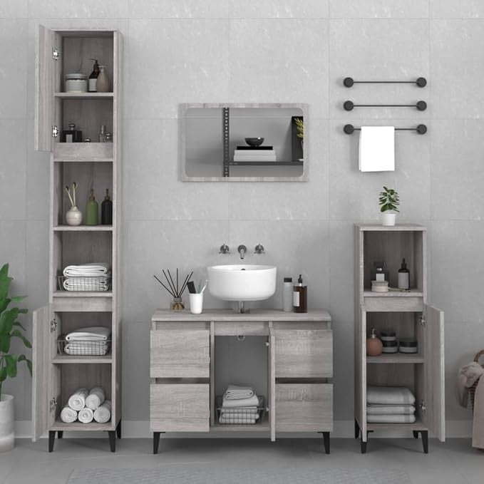 Grey Oak Under Sink Bathroom Cabinet 80cm Modern Vanity Unit with Drawers & Door