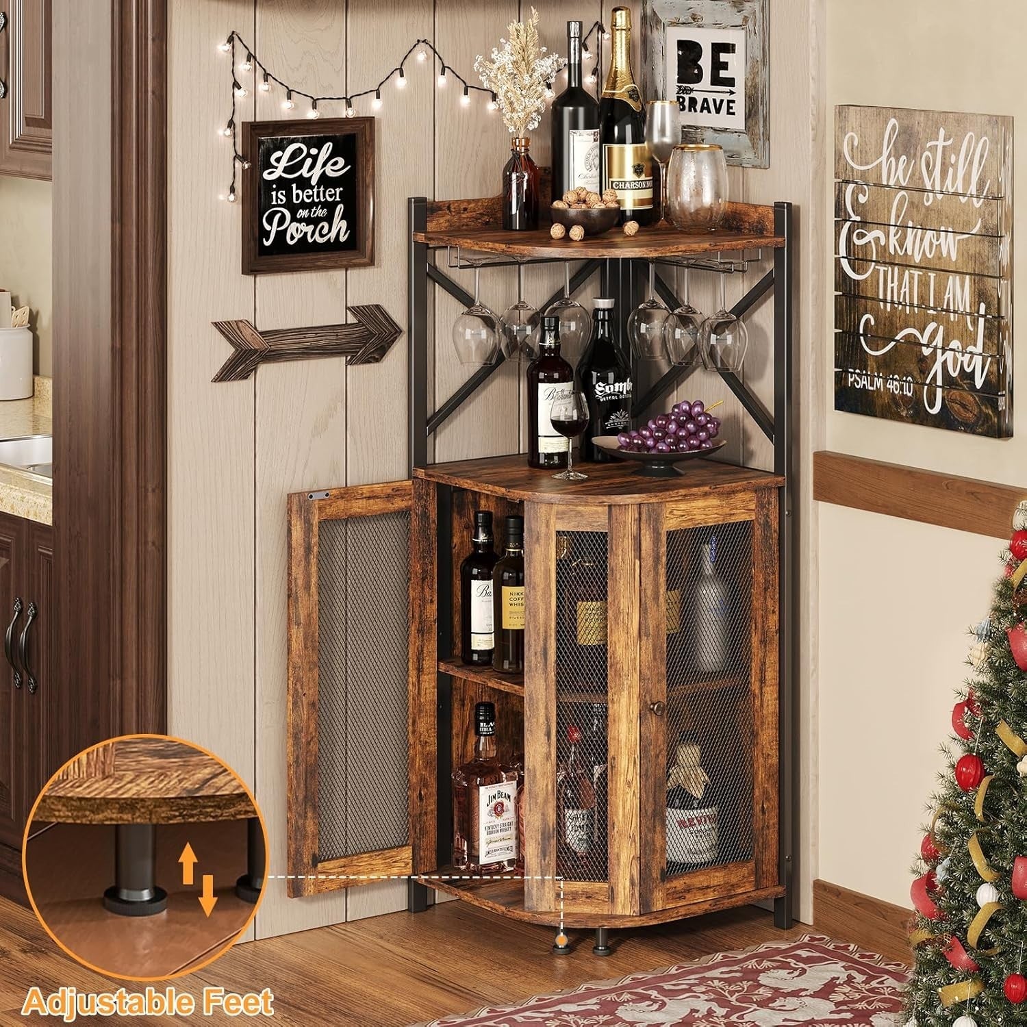 Corner Bar Cabinet with Wine Bottle Rack, Glass Holder & Storage Shelves Rustic