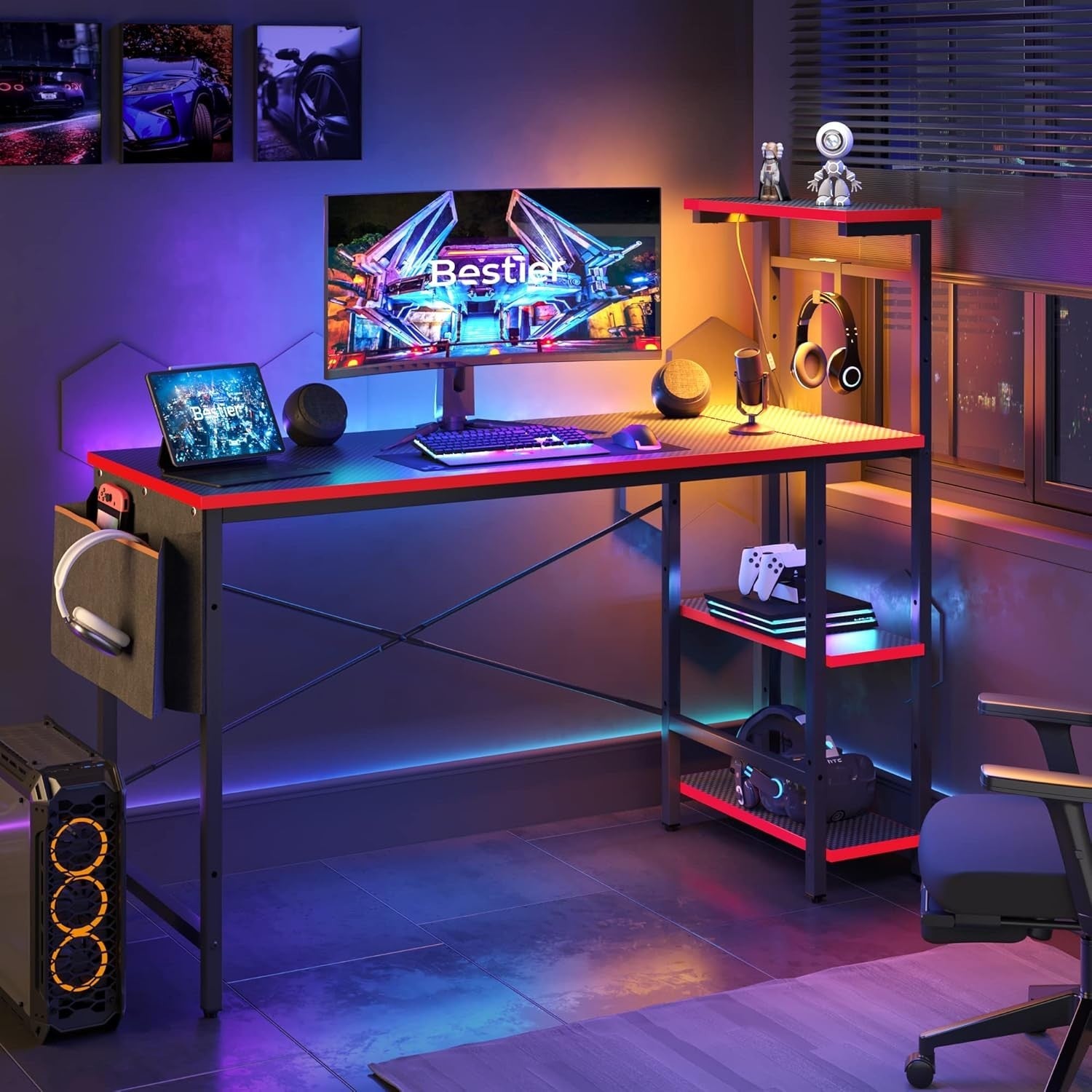 140cm Reversible Gaming Desk with LED Lights & Storage