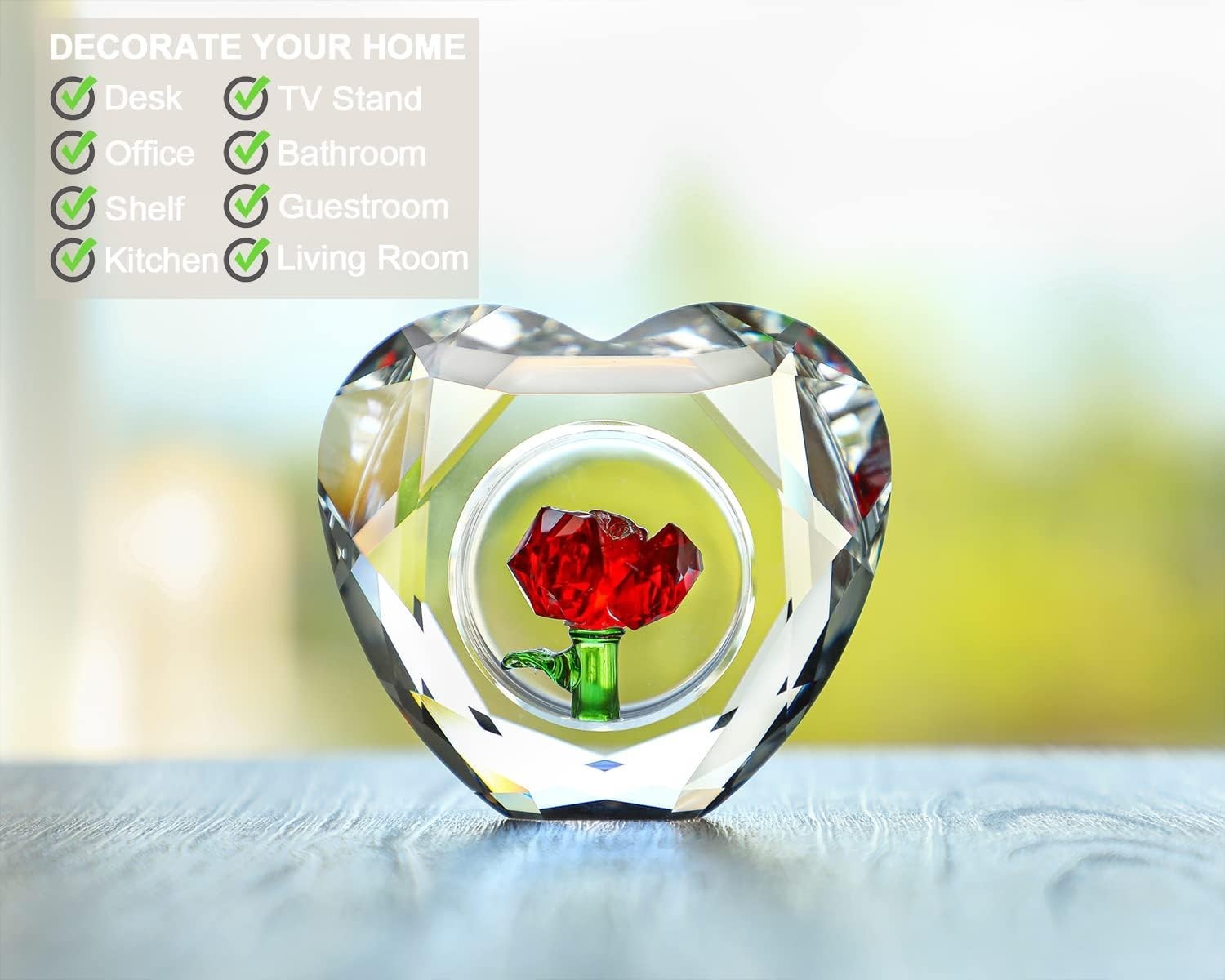 Crystal Red Rose Heart Ornament • K9 Glass Paperweight Gift • Romantic Decor
