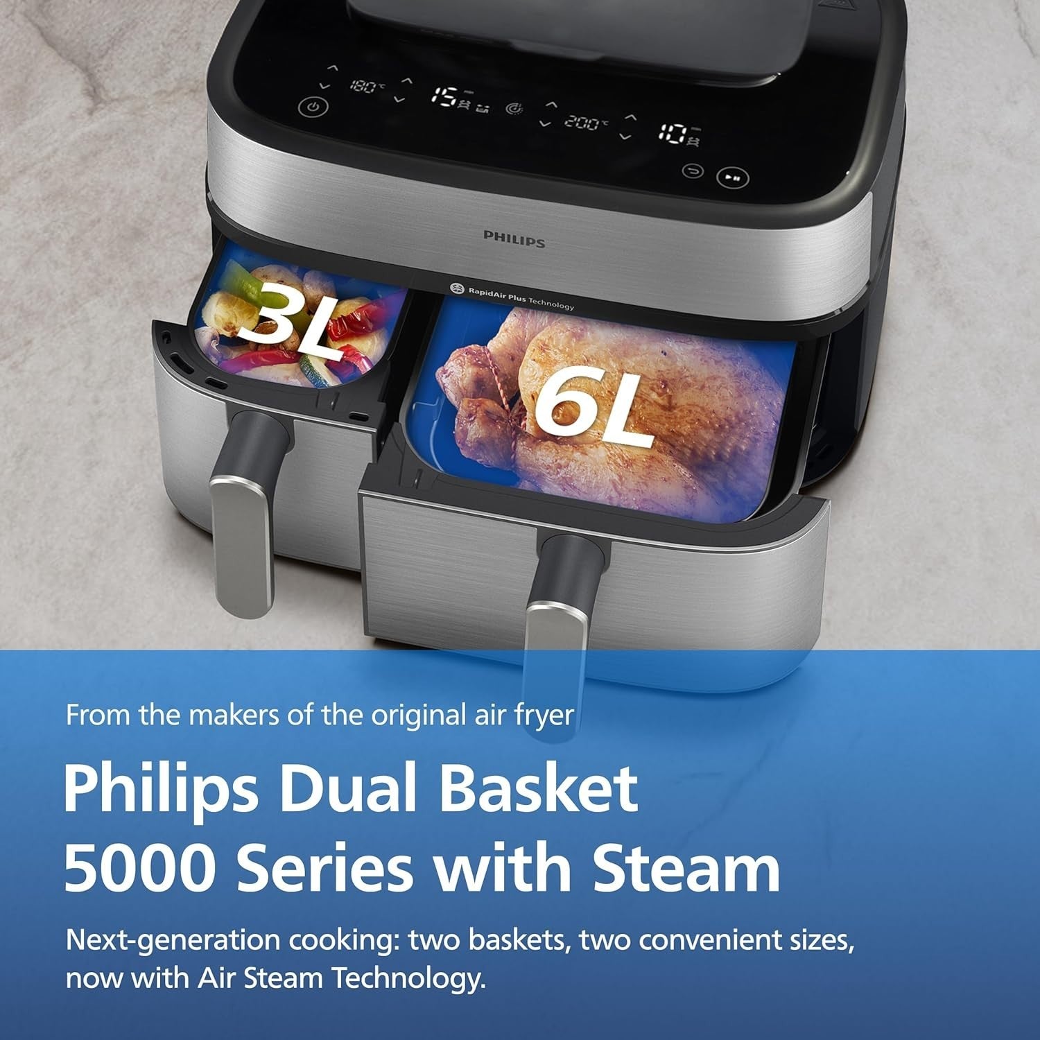 9L Dual Basket Air Fryer with Steam 19-in-1 RapidAir Plus Extra Crisp Easy Clean