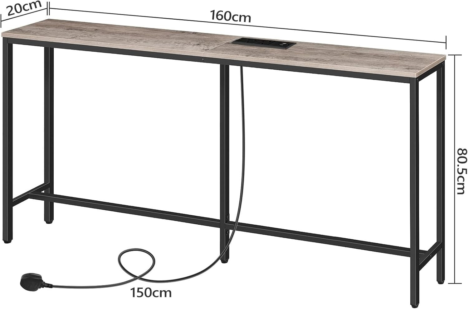 Narrow Console Sofa Table 160cm with Power Outlet & USB Ports, Industrial