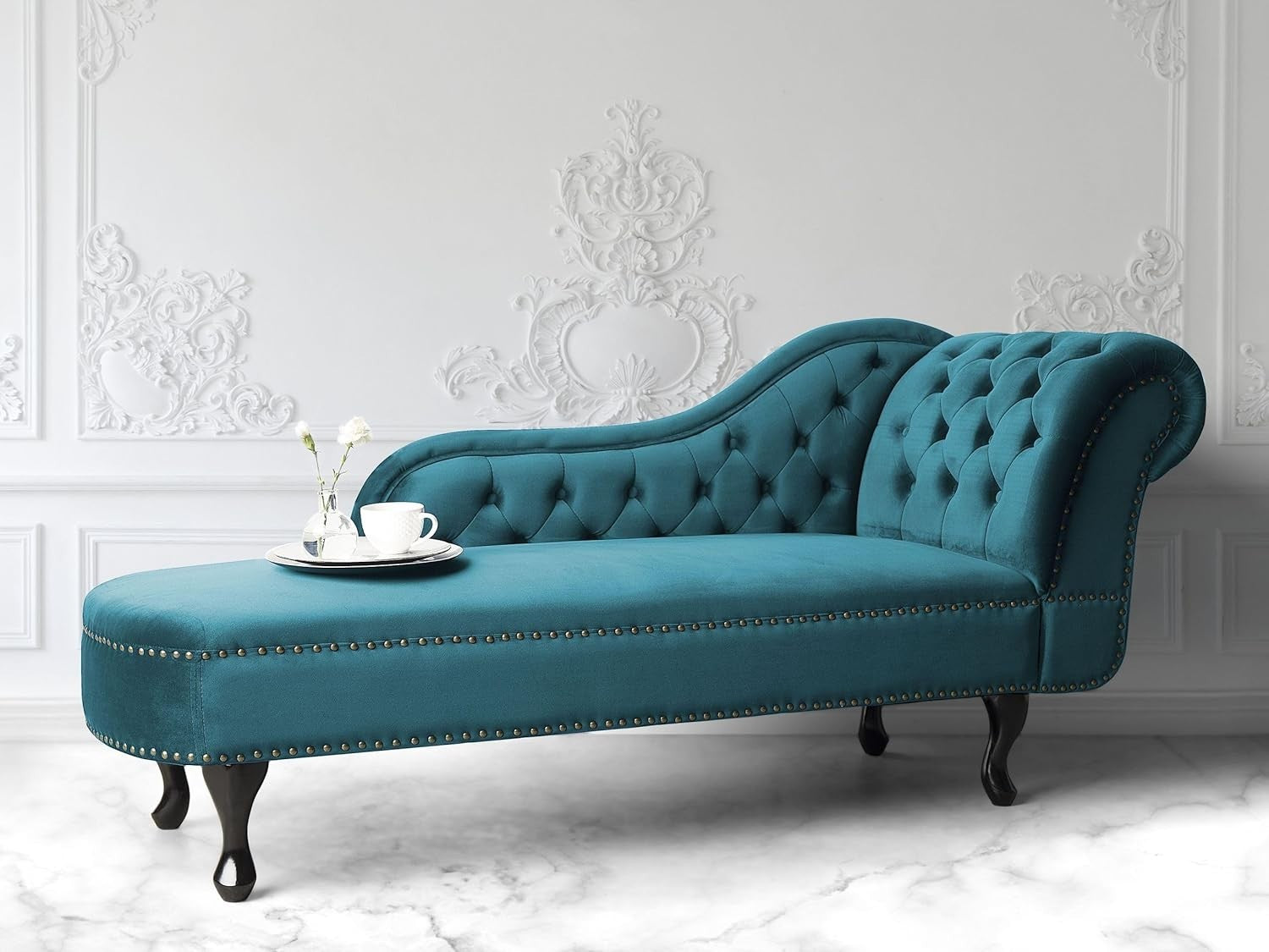 Vintage Right Hand Velvet Chaise Lounge with Chesterfield Tufted Back, Teal