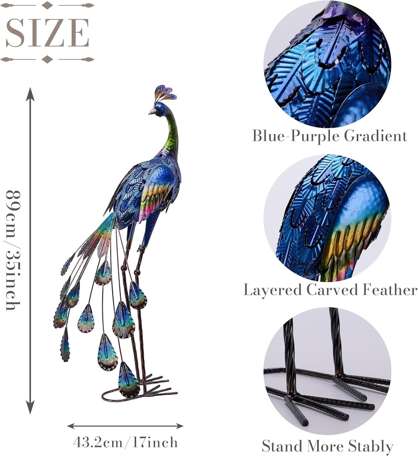 Large 35" Metal Peacock Garden Statue – Outdoor Lawn Ornament Bird Sculpture