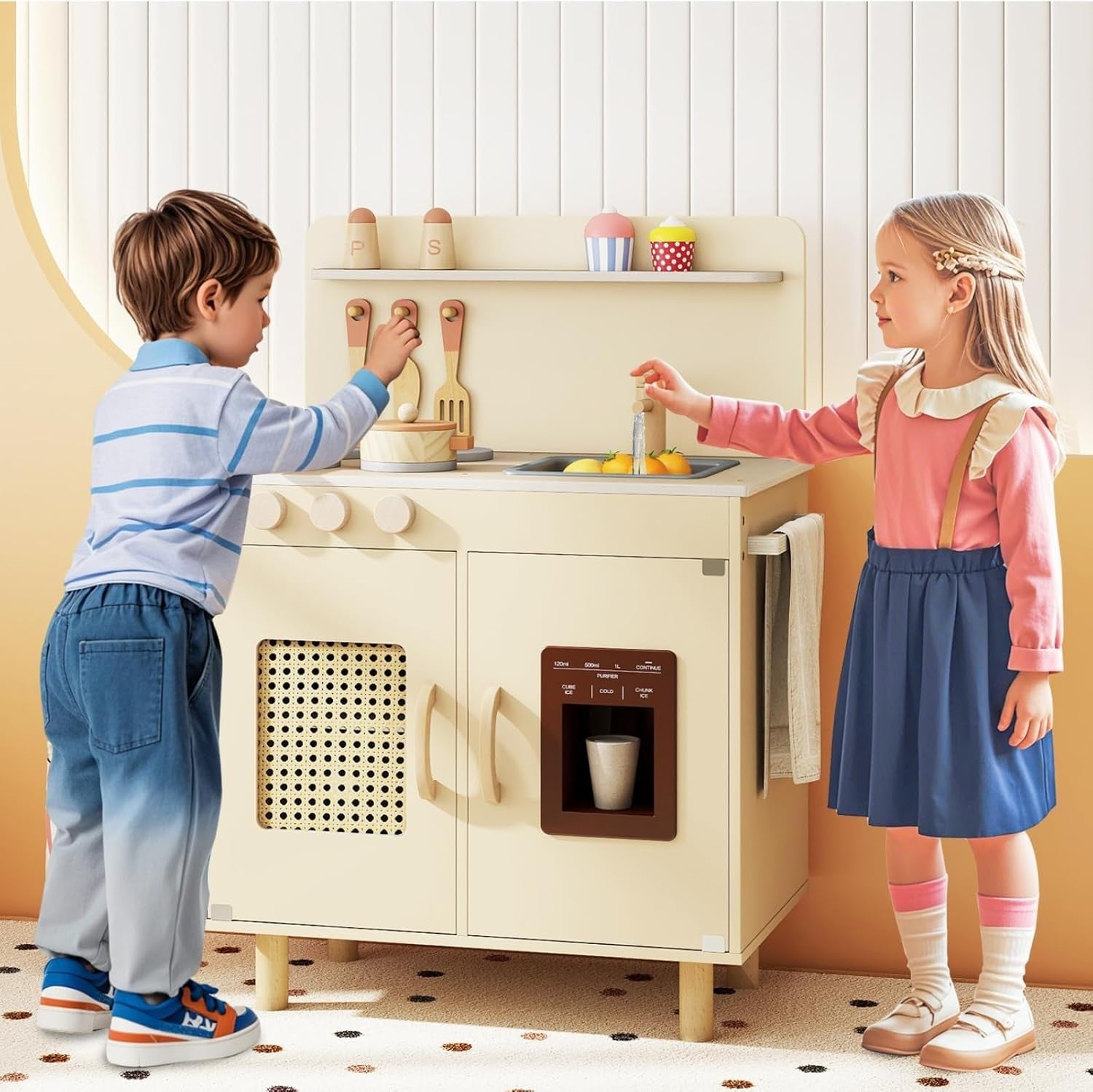Wooden Kids Play Kitchen Yellow w/ Ice Maker Sink Accessories Set