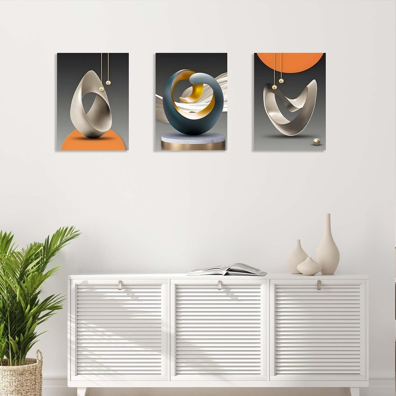 Set of 3 Abstract Geometric Canvas Wall Art 12x16 Framed Modern Decor