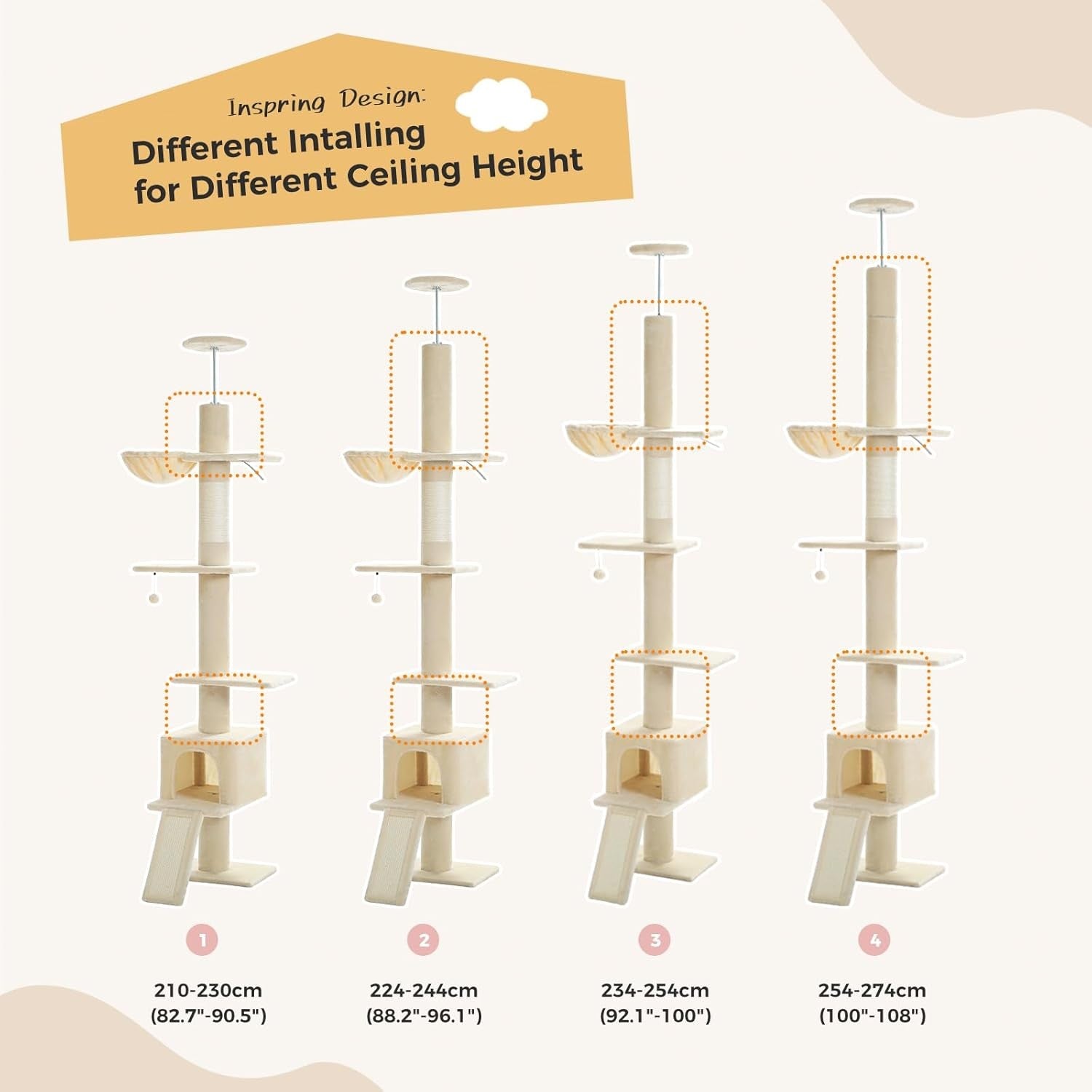 Floor to Ceiling Cat Tree Adjustable 216–273cm Tower Condo Scratching