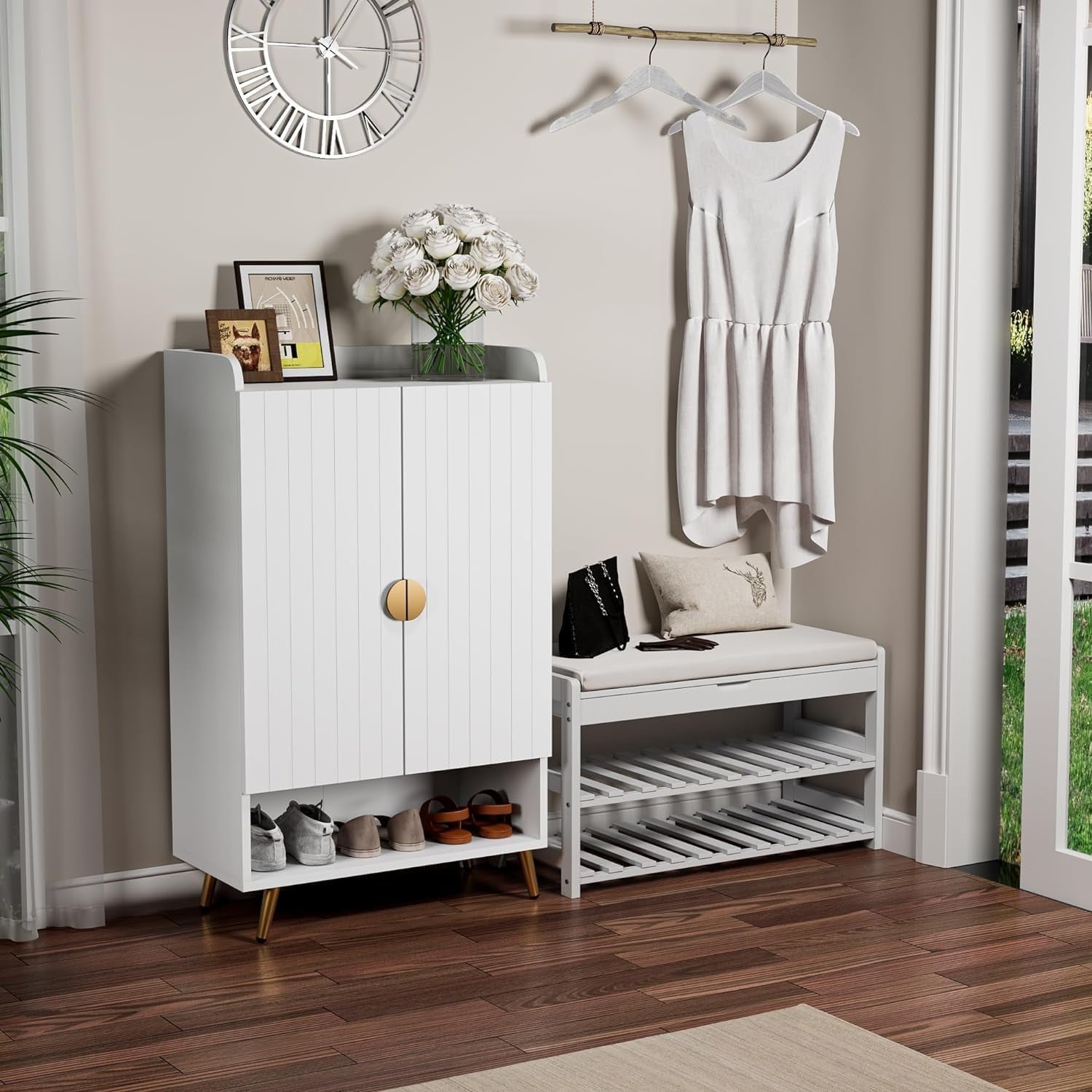 Modern White Shoe Cabinet 2 Door Cupboard w/ Adjustable Shelves 80x35x100cm
