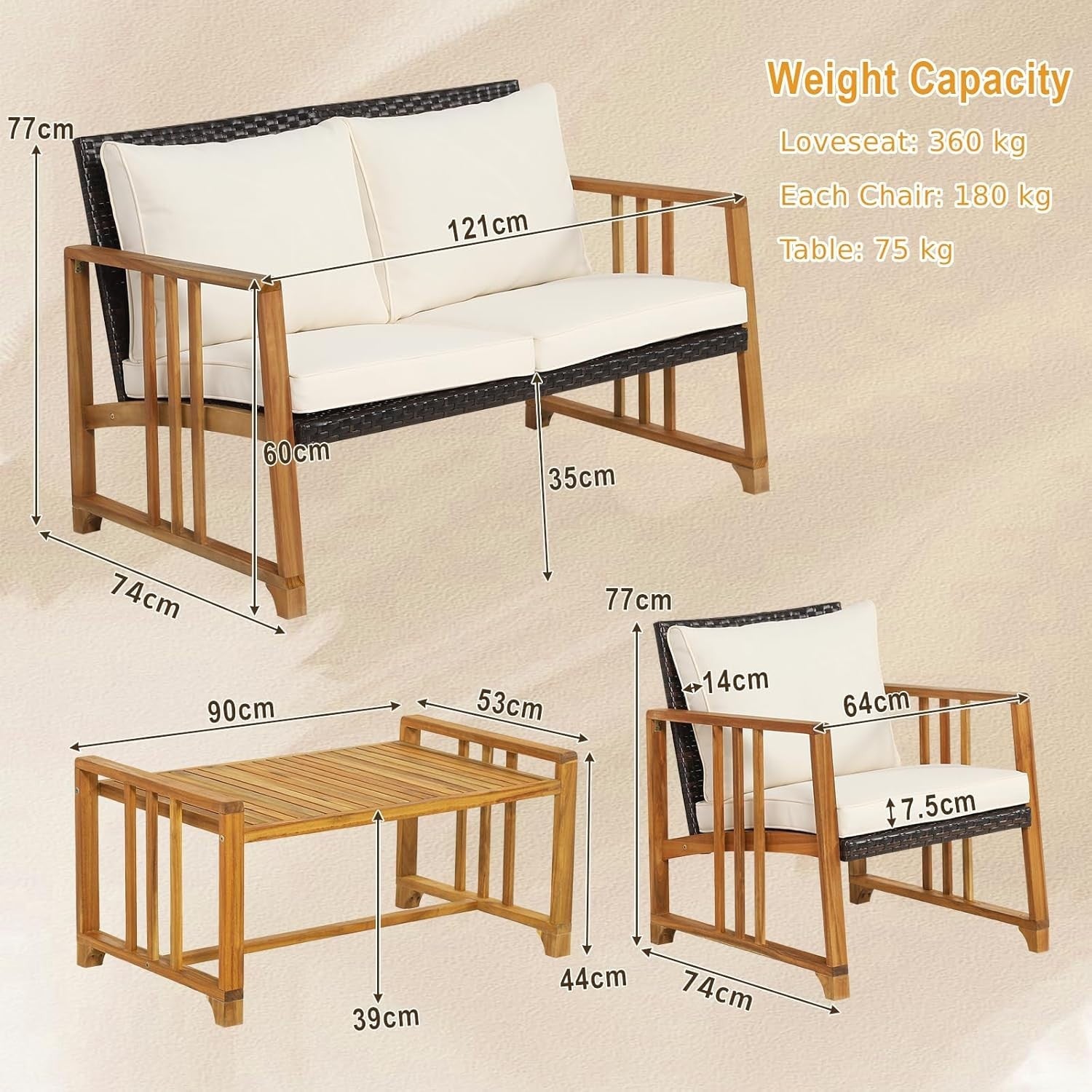 4 Piece Rattan Garden Sofa Set with Chairs Table Outdoor Patio Conversation