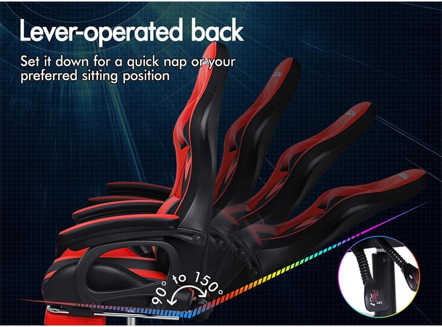 Gaming Chair Red PC Computer Racing Seat LED RGB Light $180$kg Recliner Massage