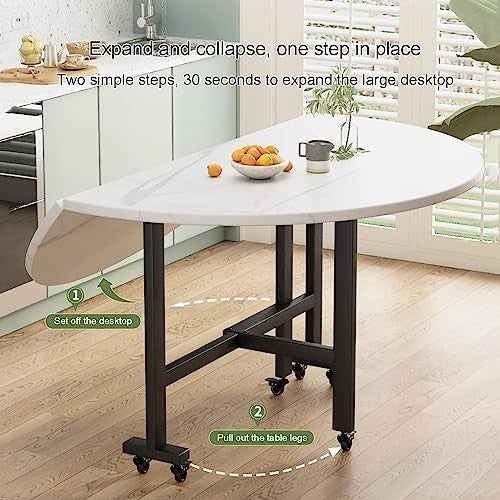 Round Drop Leaf Kitchen Table with 6 Wheels – Space Saving Folding Table