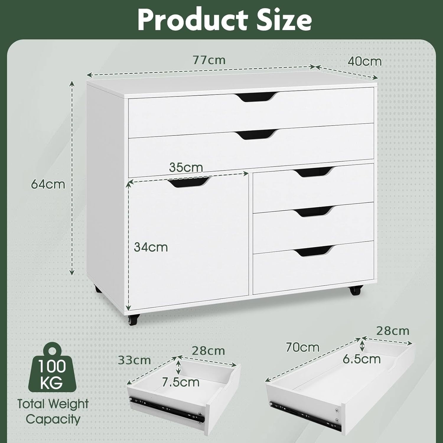 White Mobile File Cabinet 77x40x64cm 5 Drawer Printer Stand