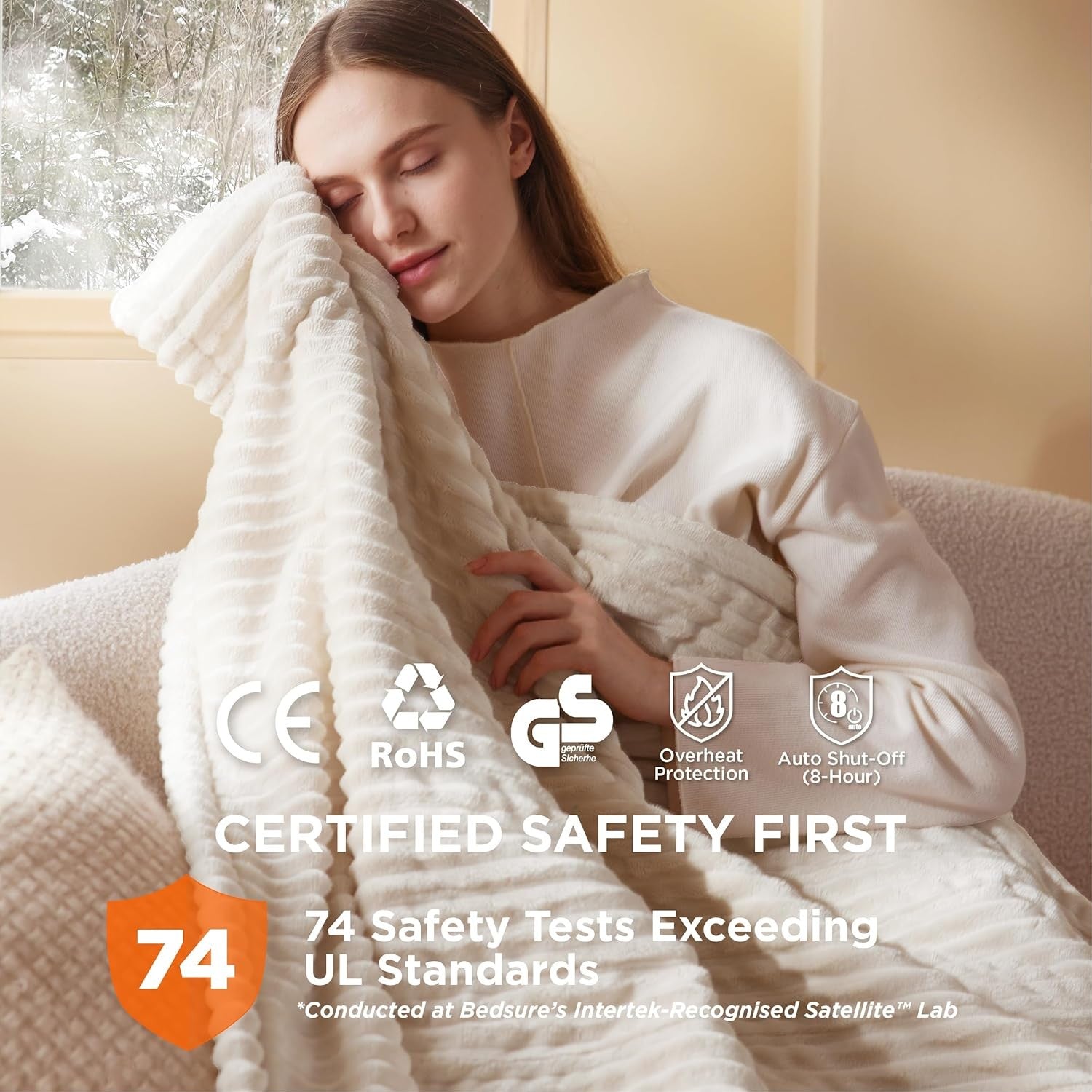 Electric Heated Throw Blanket 6 Heat Timer Overheat Protection Ribbed Flannel